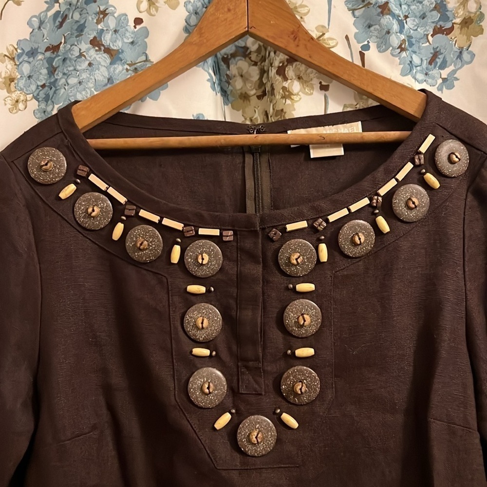 Michael Kors Boho chocolate brown full linen boat neck dress with beads - Picture 3 of 9